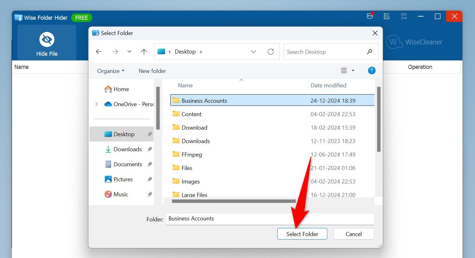 "Select Folder" highlighted on the Select Folder window.