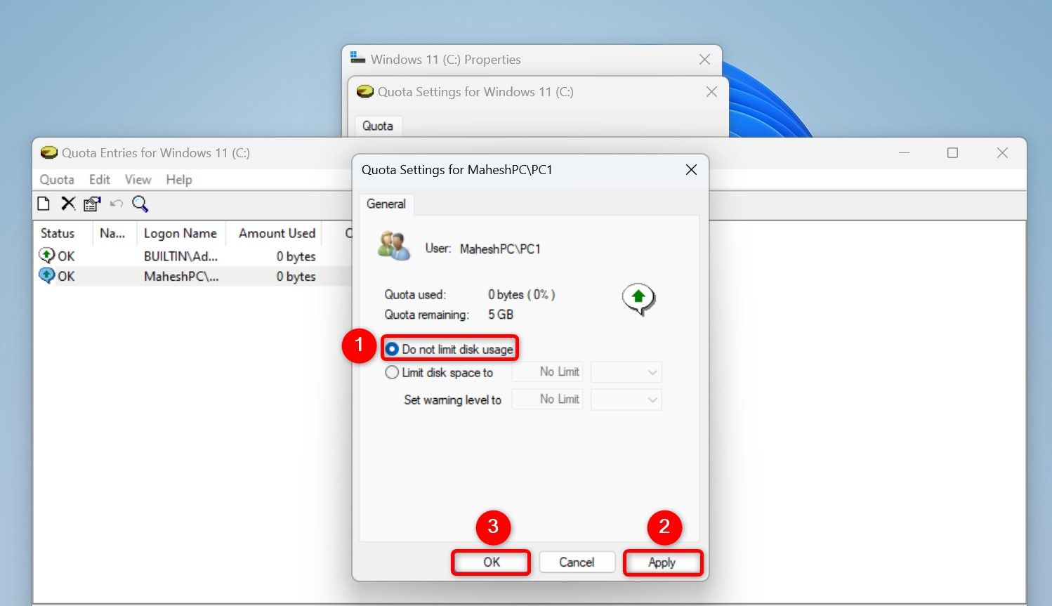 "Do Not Limit Disk Usage," "Apply," and "OK" highlighted on the Quota Settings window.