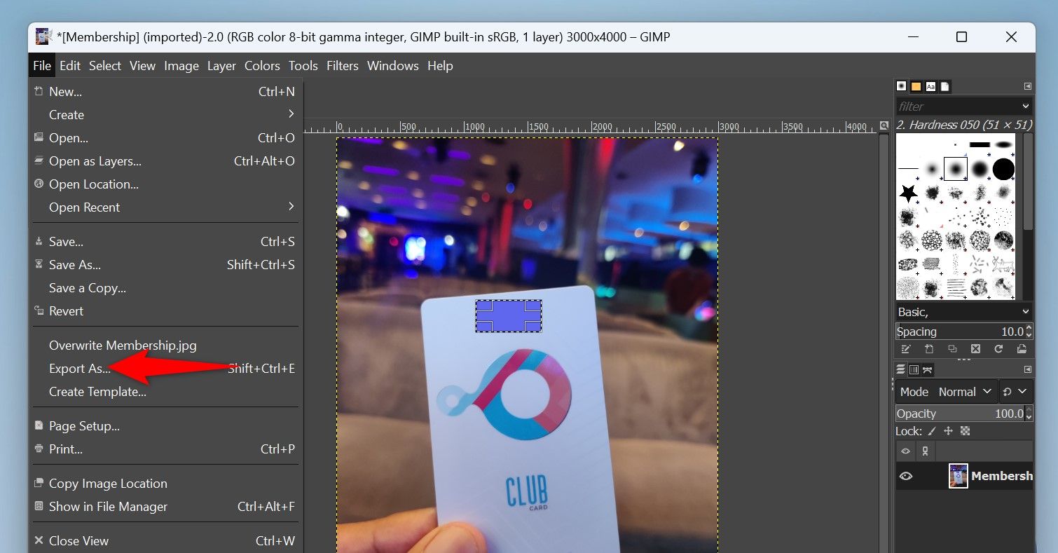File > Export As highlighted in GIMP.