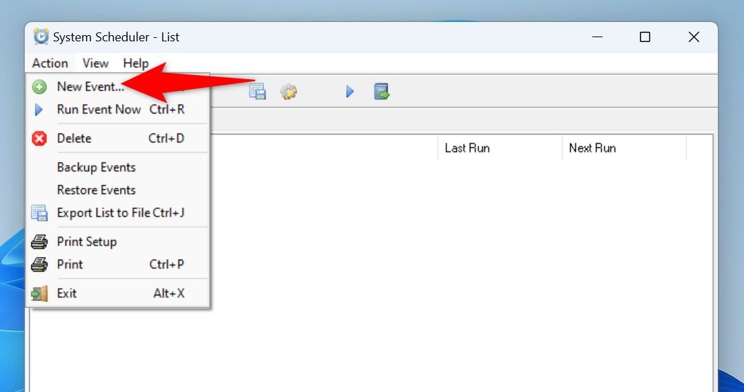 Action > New Event highlighted in System Scheduler.