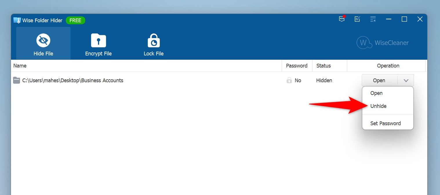 "Unhide" highlighted for a folder in Wise Folder Hider.