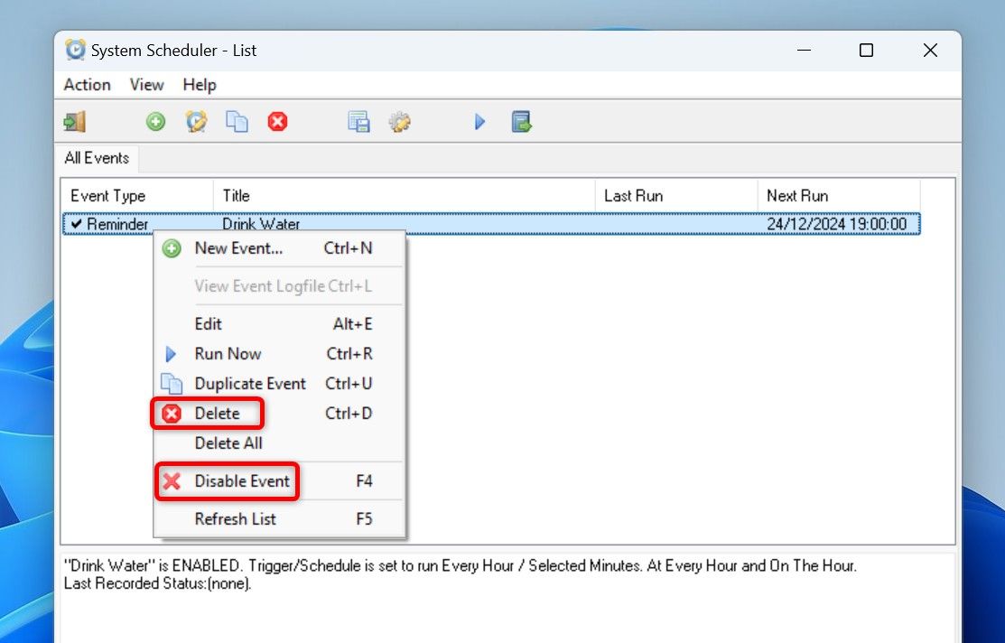 "Disable Event" and "Delete" highlighted in System Scheduler.