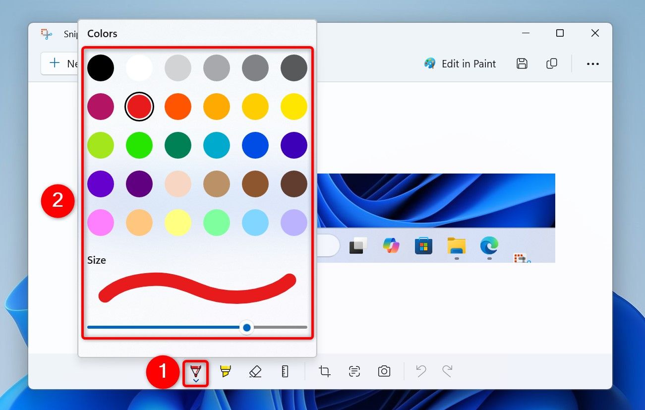 Ballpoint pen options highlighted in Snipping Tool.