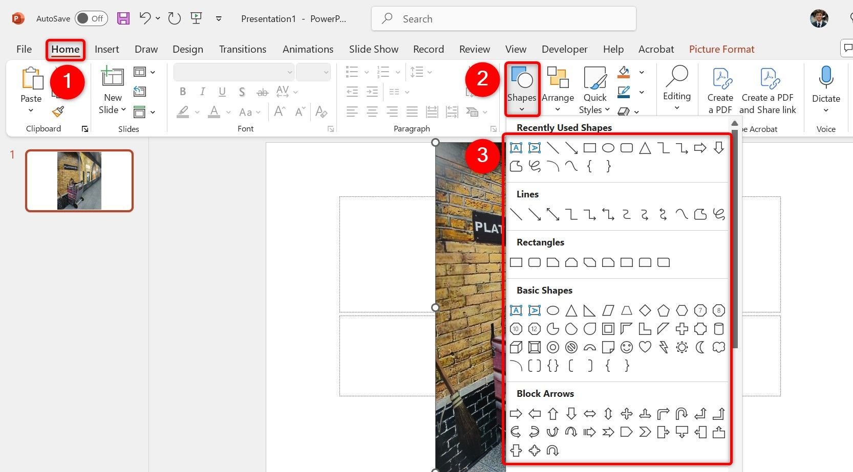 "Home," "Shapes", and various shapes highlighted in PowerPoint.