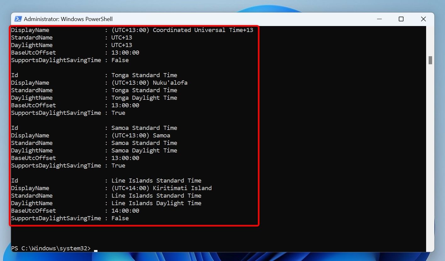 The available time zones highlighted in PowerShell.