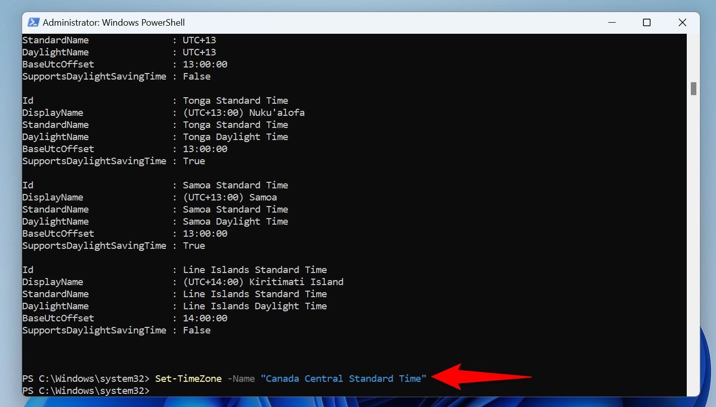 The cmdlet to change the current time zone typed in PowerShell.