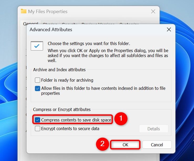 "Compress Contents to Save Disk Space" and "OK" highlighted on the "Advanced Attributes" window.