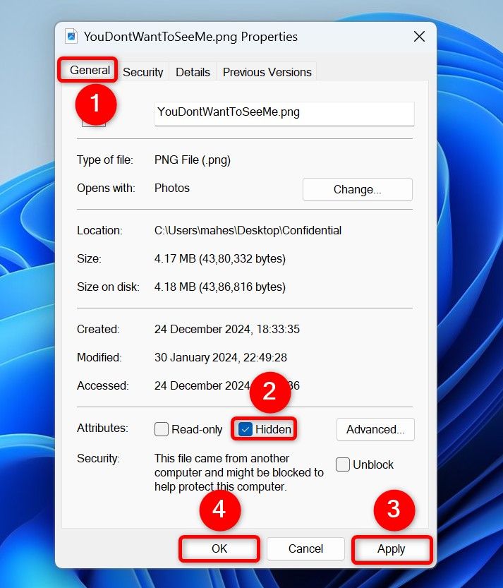 Various options highlighted to hide a file on the Properties window.