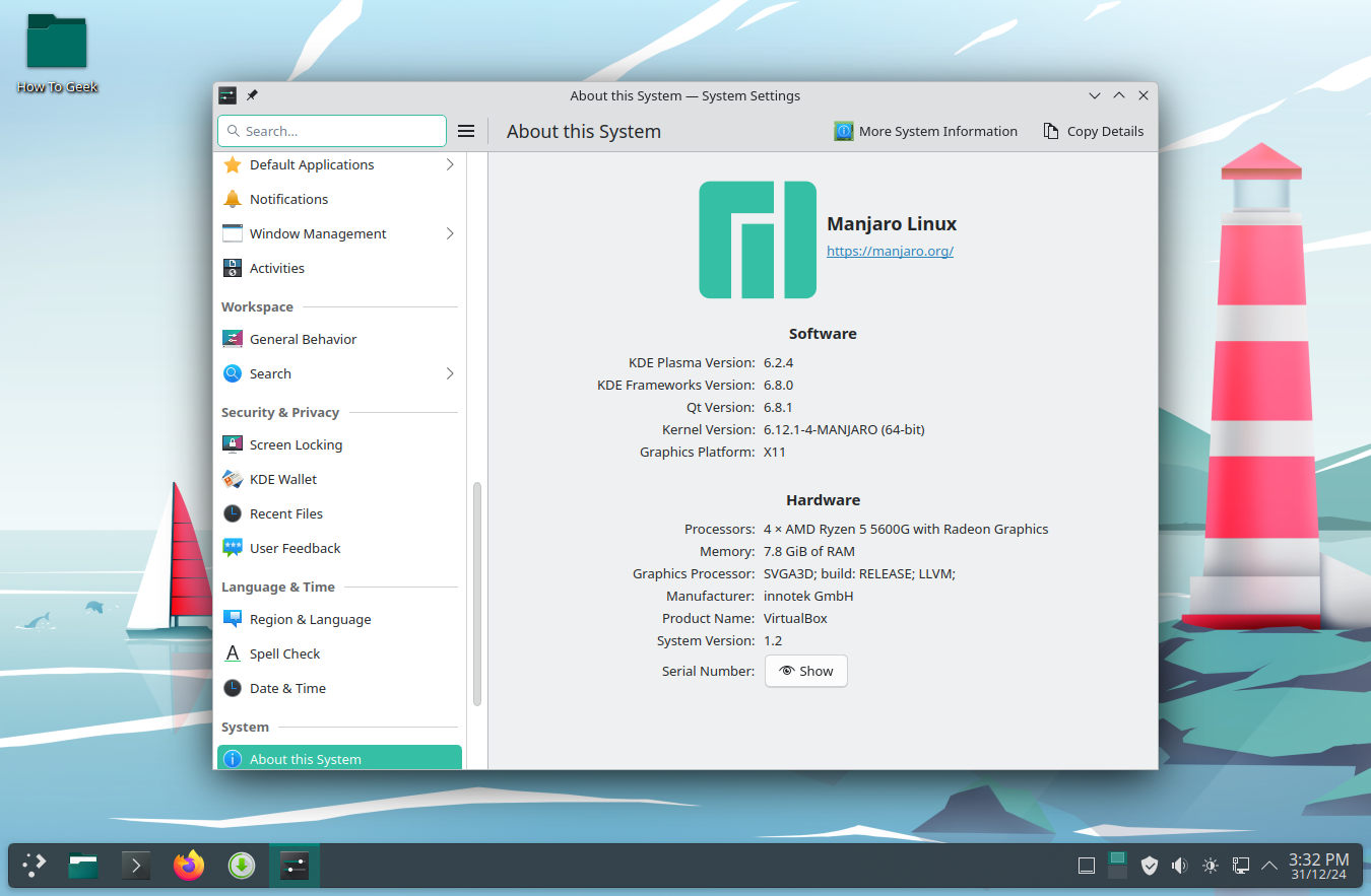 Manjaro KDE Settings app showing System info.