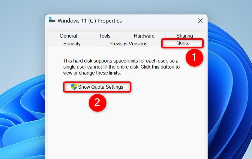 "Quota" and "Show Quota Settings" highlighted on a drive's "Properties" window.