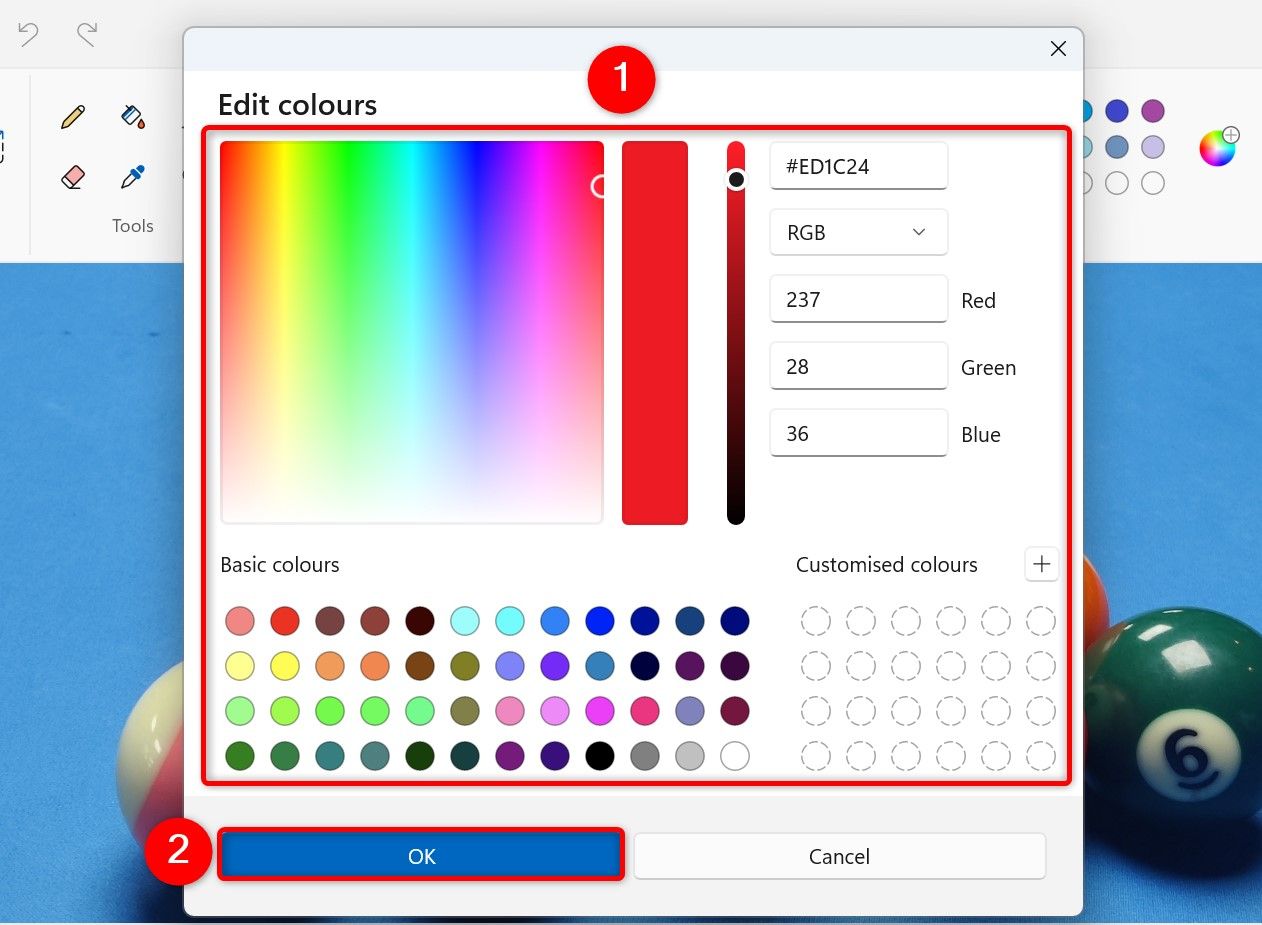 Color options and "OK" highlighted in Paint.