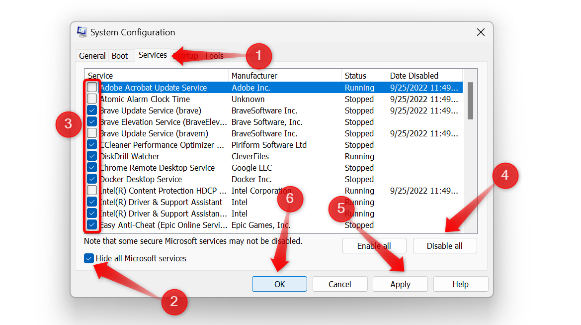 Disabling unncessary services in the System Configuration window.