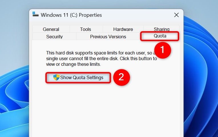 "Quota" and "Show Quota Settings" highlighted.