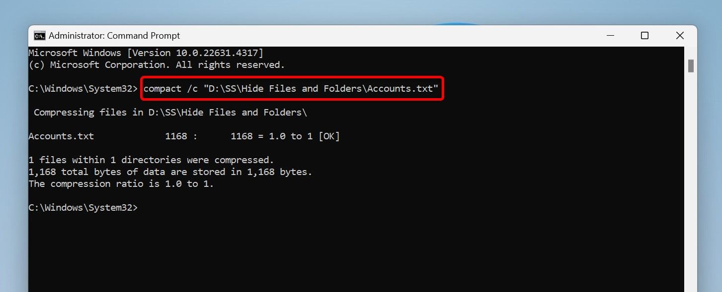 The command to compress a file or folder typed in Command Prompt.