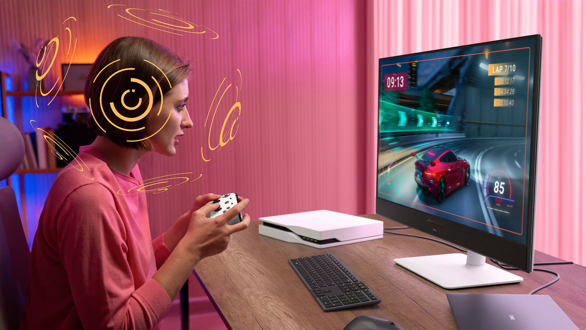 Illustration of someone experiencing beamforming audio with the Dell 32 Plus 4K QD-OLED Monitor.