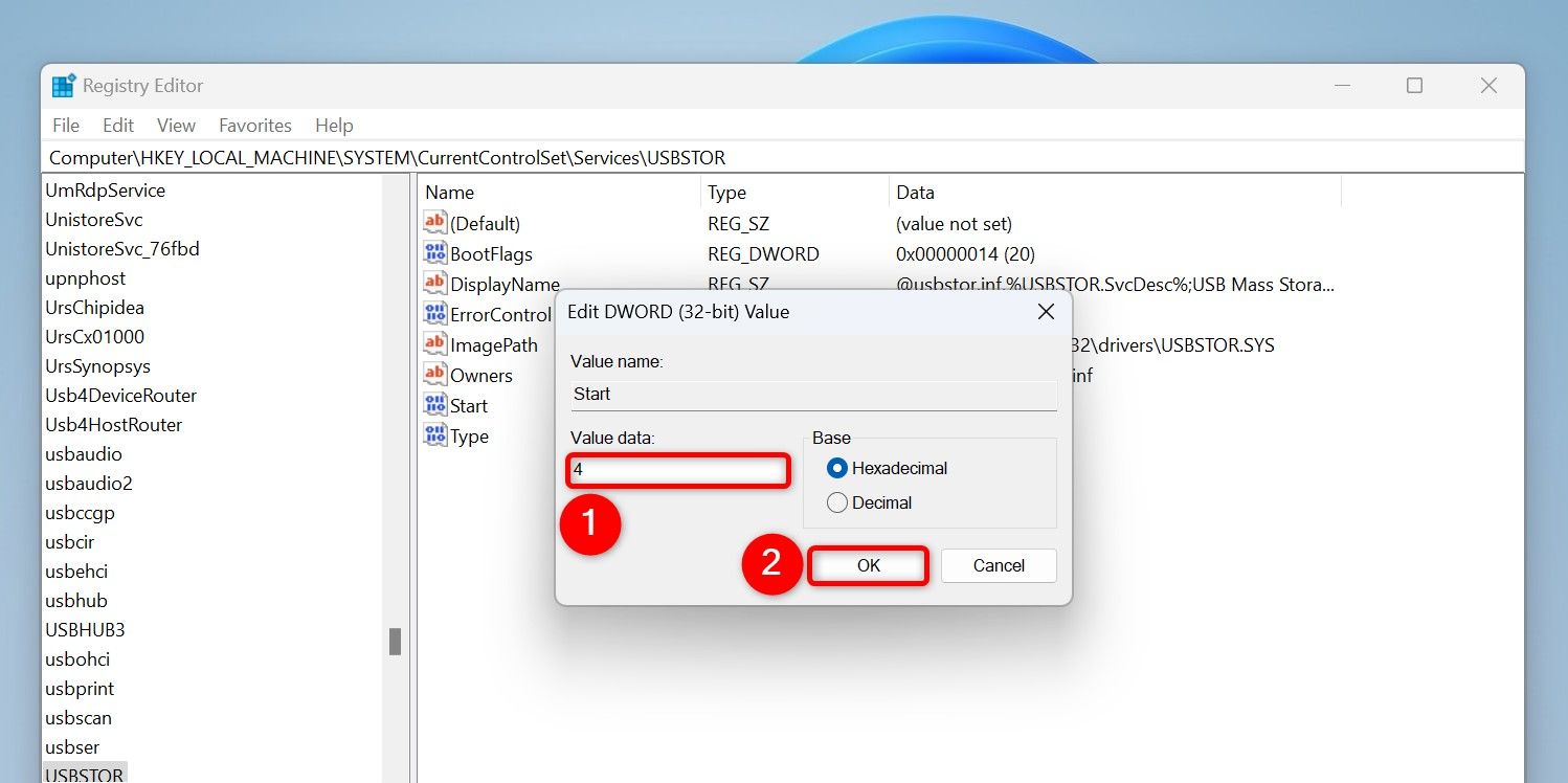 "Value Data" and "OK" highlighted for "Start" in Registry Editor.