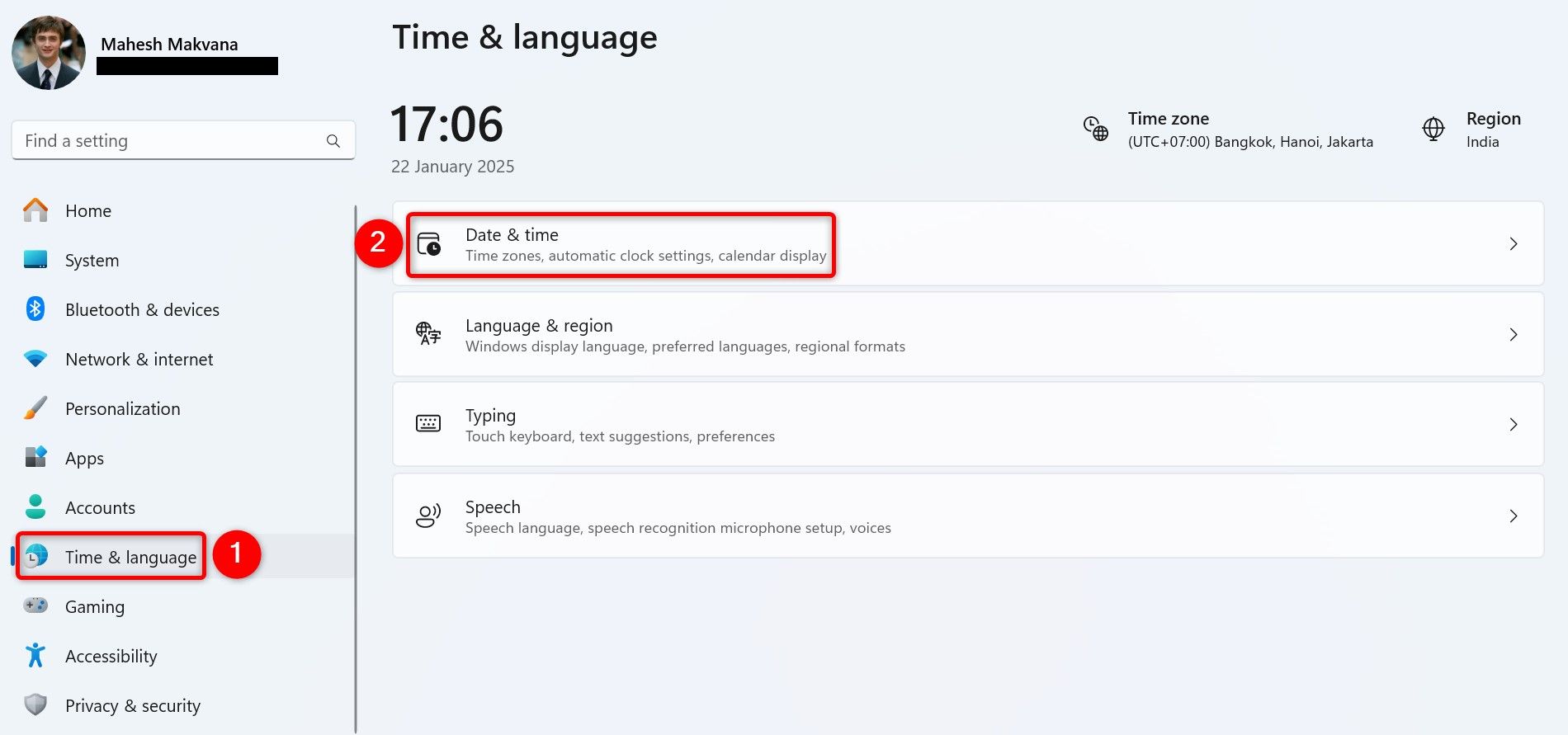 "Time & Language" and "Date & Time" highlighted in Settings.