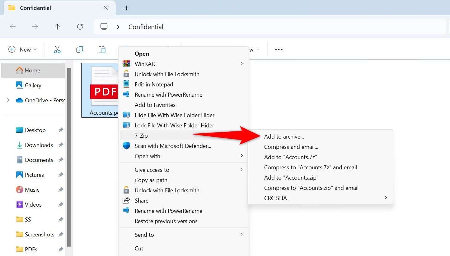 7-Zip > Add to Archive highlighted for a file in File Explorer.