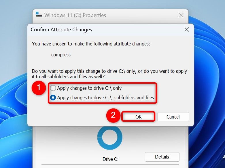 "Apply Changes to Drive X:, Subfolders and Files" and "OK" highlighted on the "Confirm Attribute Changes" window.