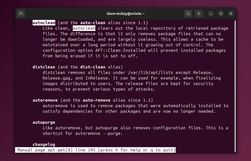 The man page for apt-get with autoclean highlighted.