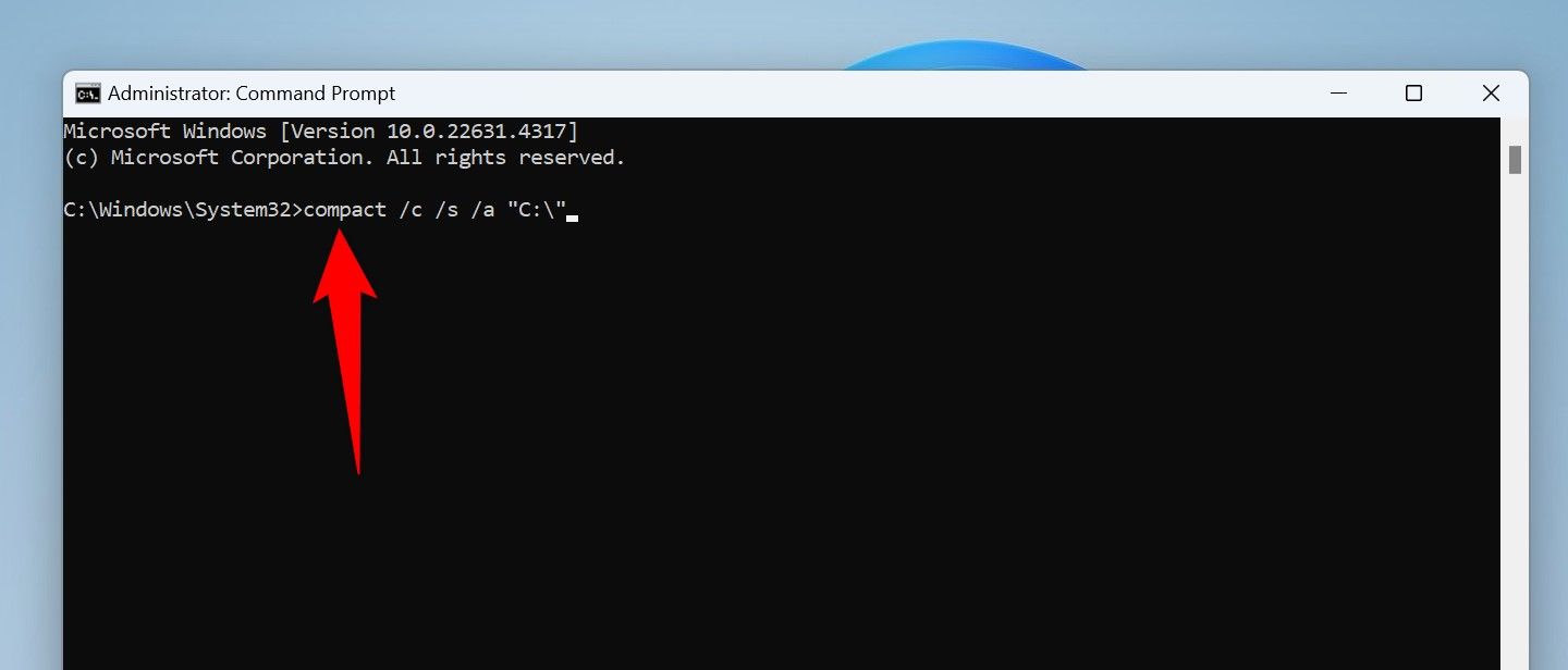 The command to NTFS compress a drive typed in Command Prompt.