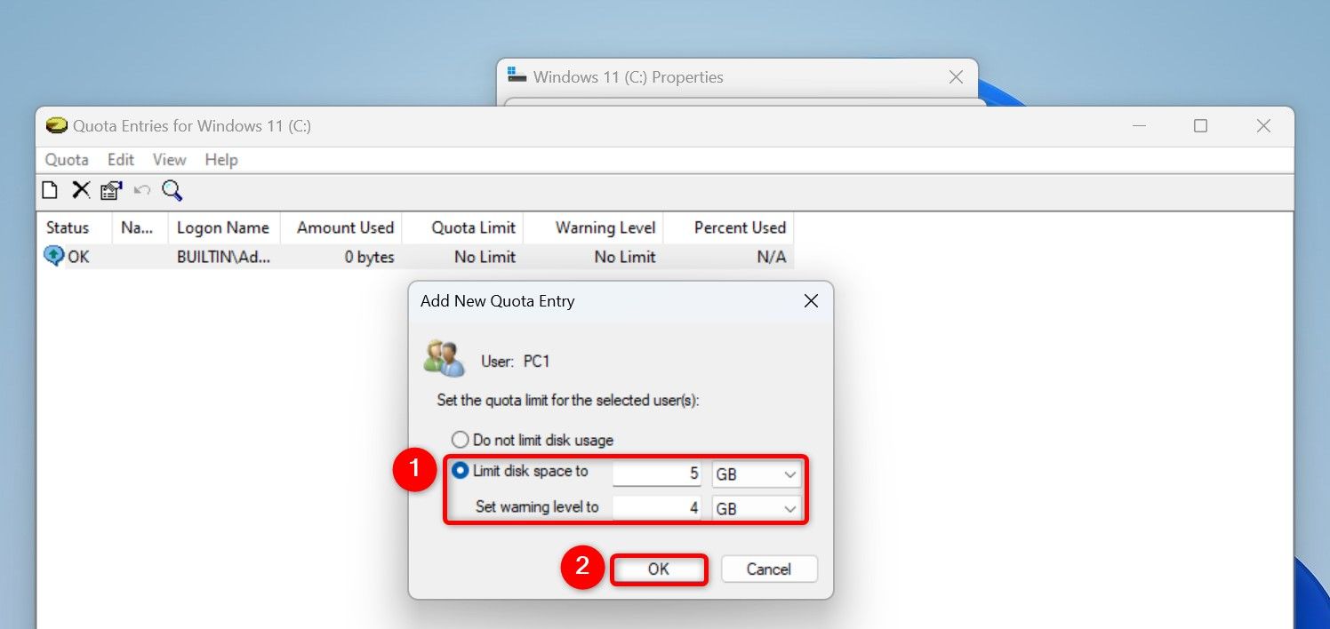 Various options highlighted on the "Add New Quota Entry" window.