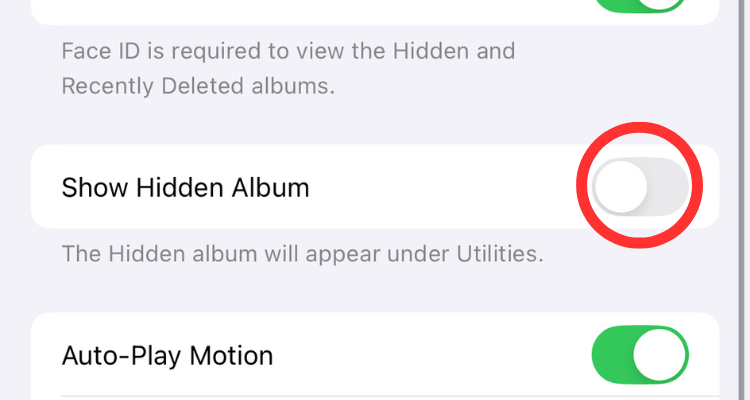 Screenshot of the Show Hidden Album in the Photos app settings.