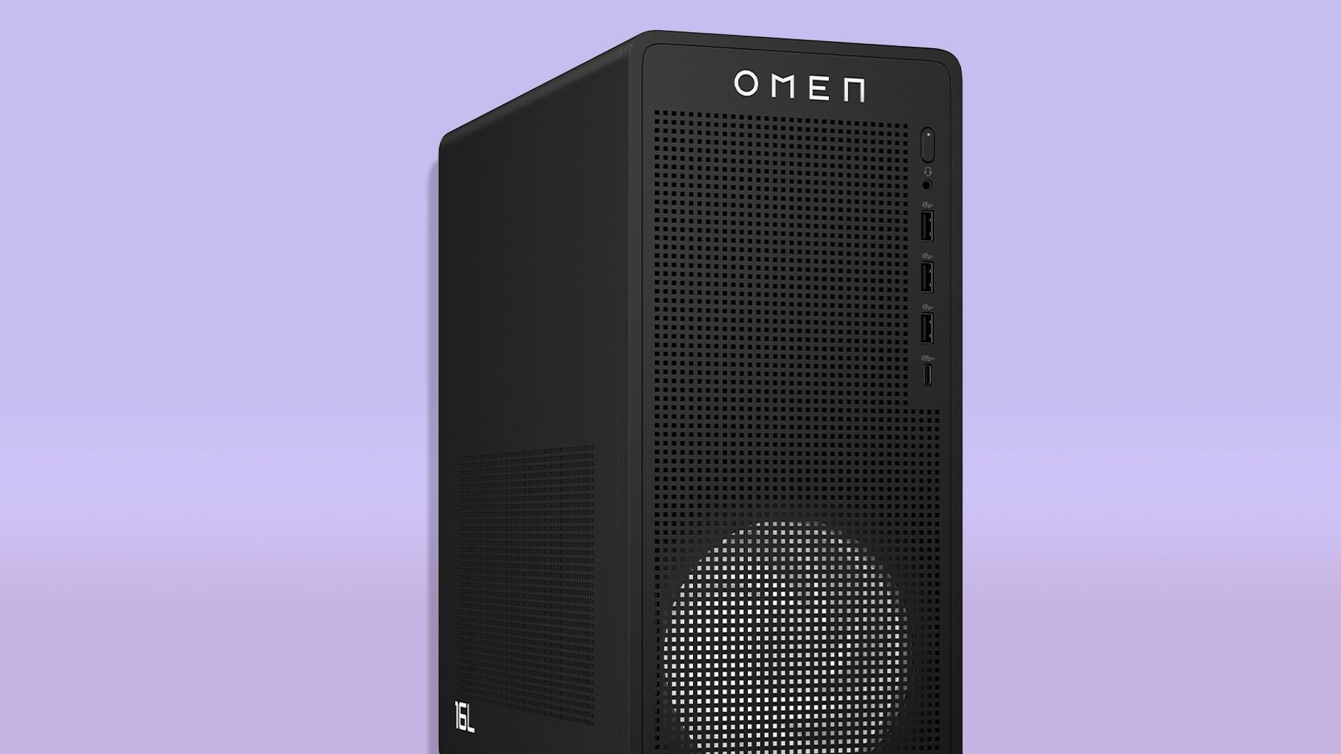 The HP OMEN 16L gaming desktop over a purple background.