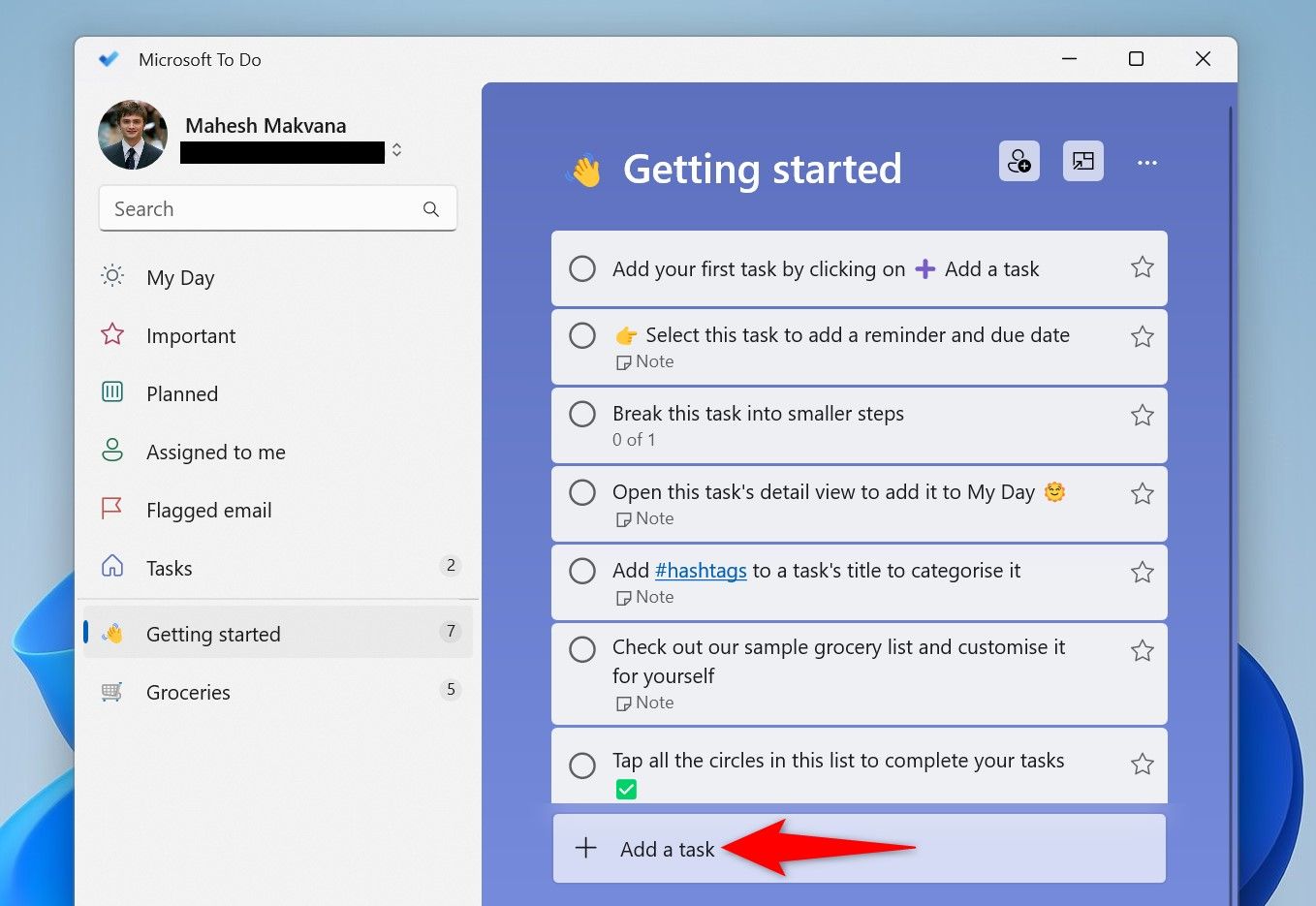"Add a Task" highlighted in Microsoft To Do.