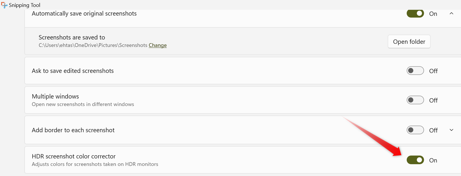 Enabling HDR Screenshot Color Corrector in the settings of the Snipping Tool app on Windows.