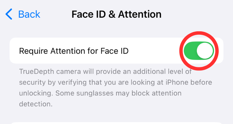 Screenshot of the Require Attention for Face ID option in the Accessibility menu.