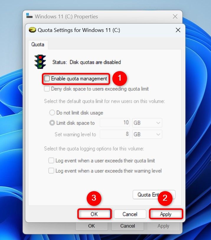 "Enable Quota Management," "Apply," and "OK" highlighted on the Quota Settings window.