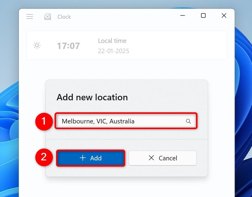 The city field and "Add" highlighted in Clock.