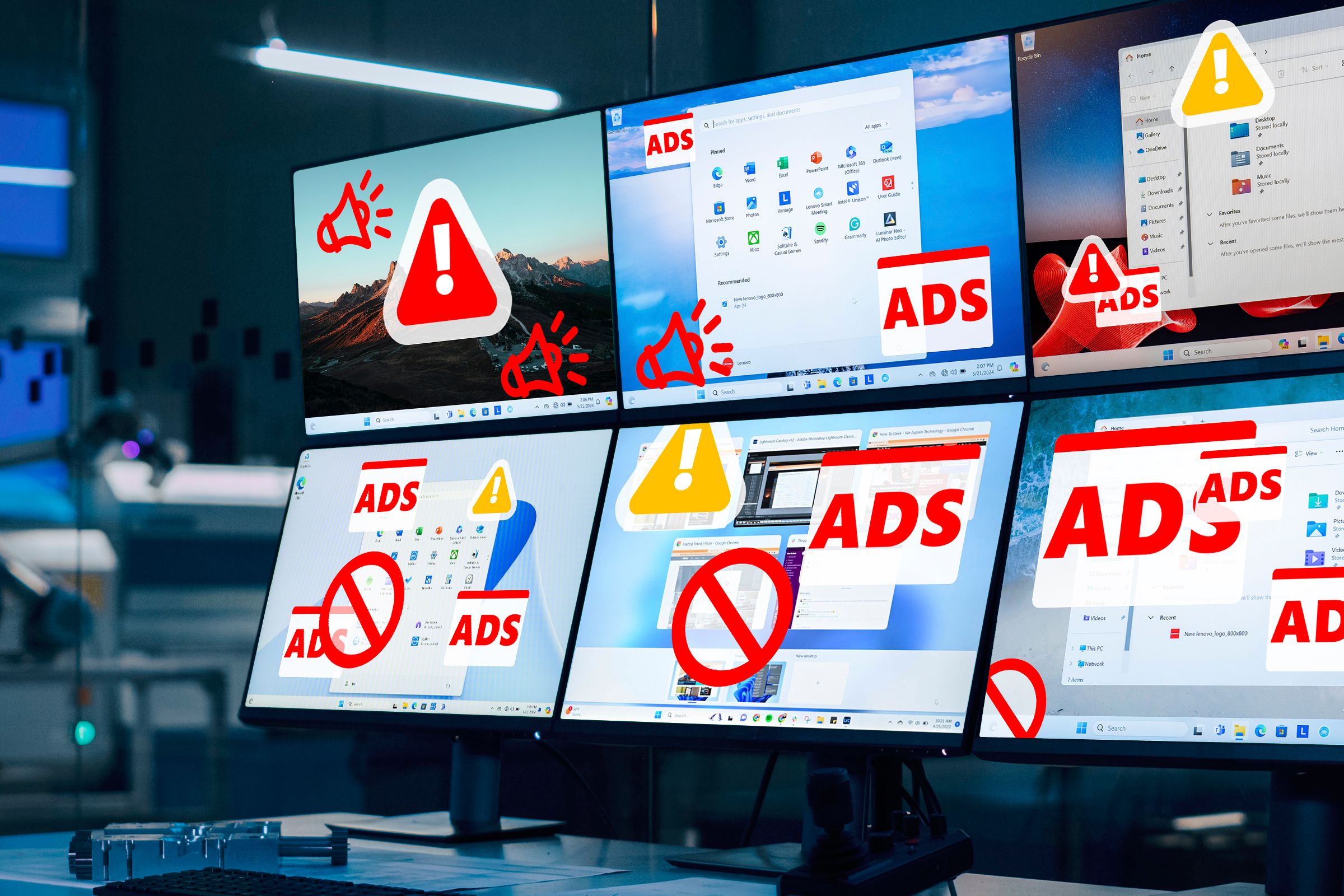 A control room monitoring multiple Windows 11 screens with intrusive ads.