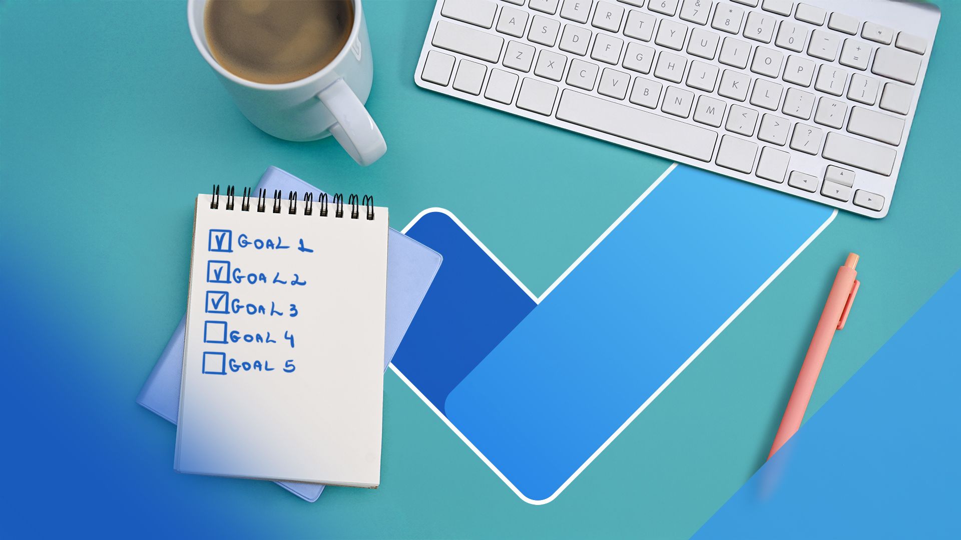 A desk seen from above with a coffee cup, a notepad, a keyboard, and the Microsoft To-Do logo.