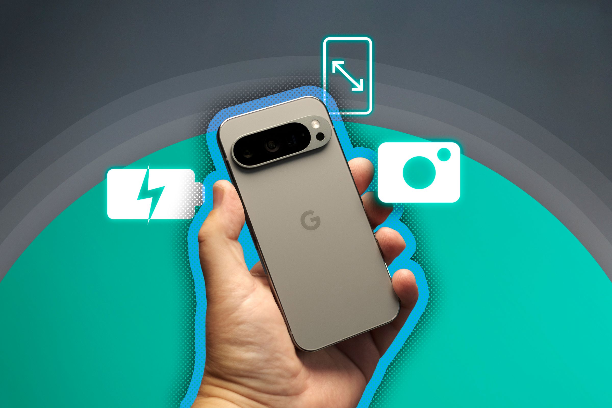 A hand holding a Google Pixel 9 Pro highlighting its battery, camera, and screen size features.