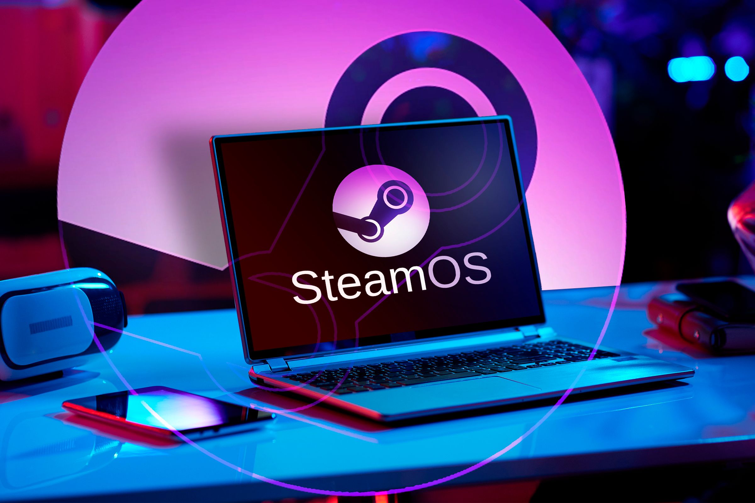 A laptop with steam OS logo.