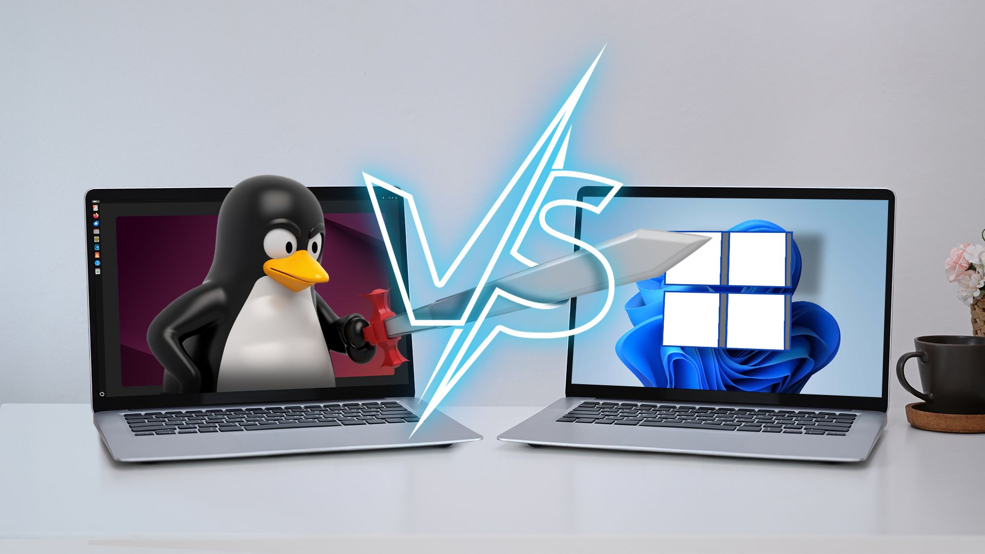 A Linux laptop with the Linux mascot holding a sword, a Windows laptop next to it, and a 'vs' in the center.