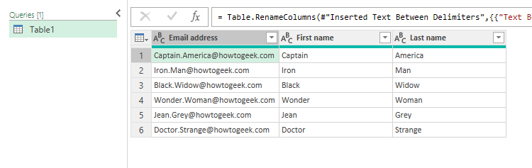 A list of email addresses, first names, and last names in Power Query Editor in Excel.