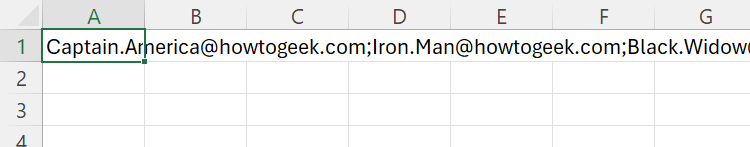 A list of email addresses in cell A1 of an Excel spreadsheet, each separated by a semicolon.