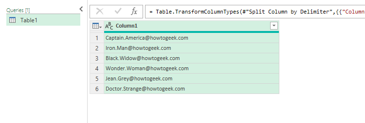 A list of email addresses in Excel's Power Query Editor.