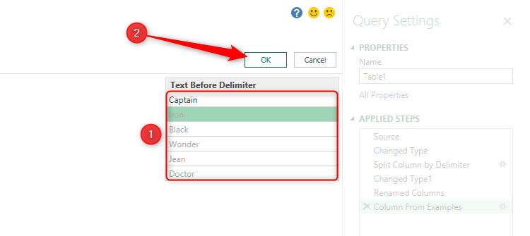 A list of first names and titles that Power Query Editor has assembled based on the data already entered.