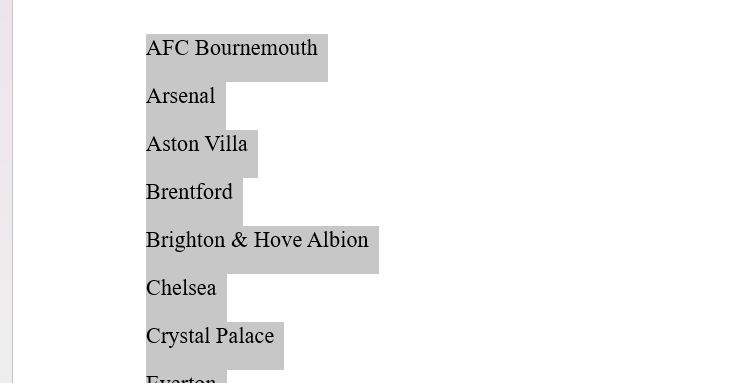 A list of Premier League football teams in Microsoft Word.