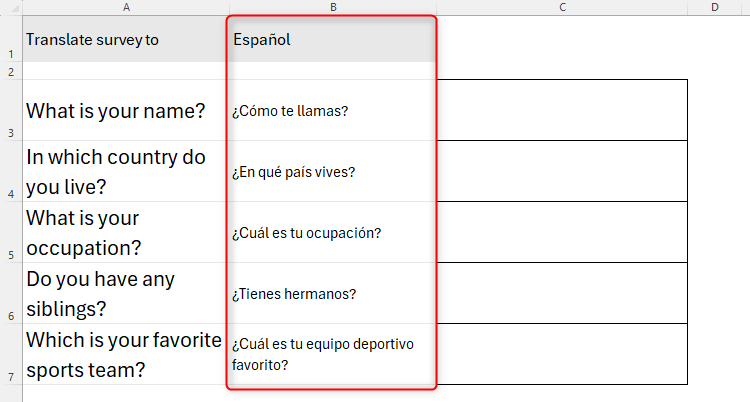 A list of questions in a survey in Excel translated to a language selected from a drop-down list in cell B2.