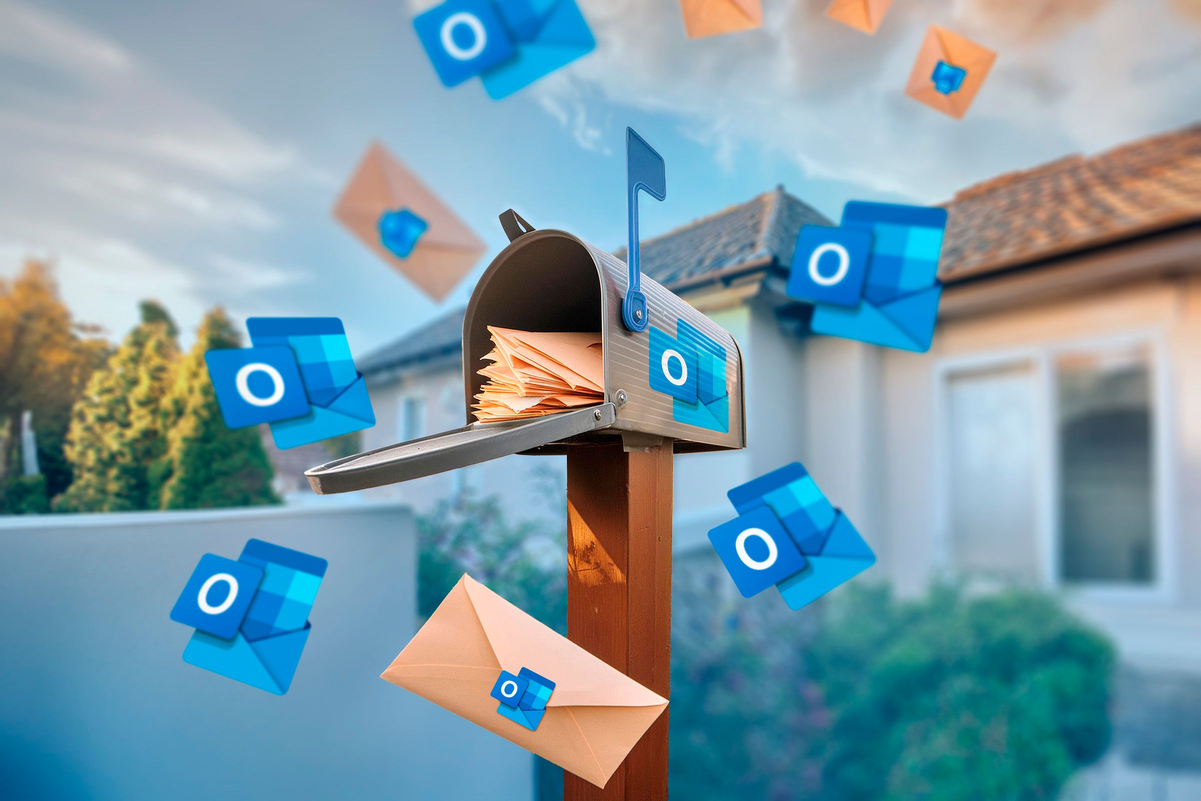 A mailbox with the Outlook logo, full of letters, and several letters around.