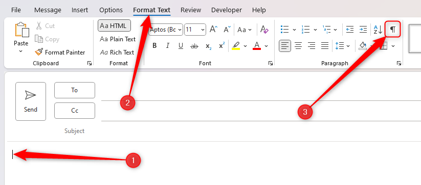 A new message being composed in classic Outlook, with the non-printing character icon in the Format Text tab selected.