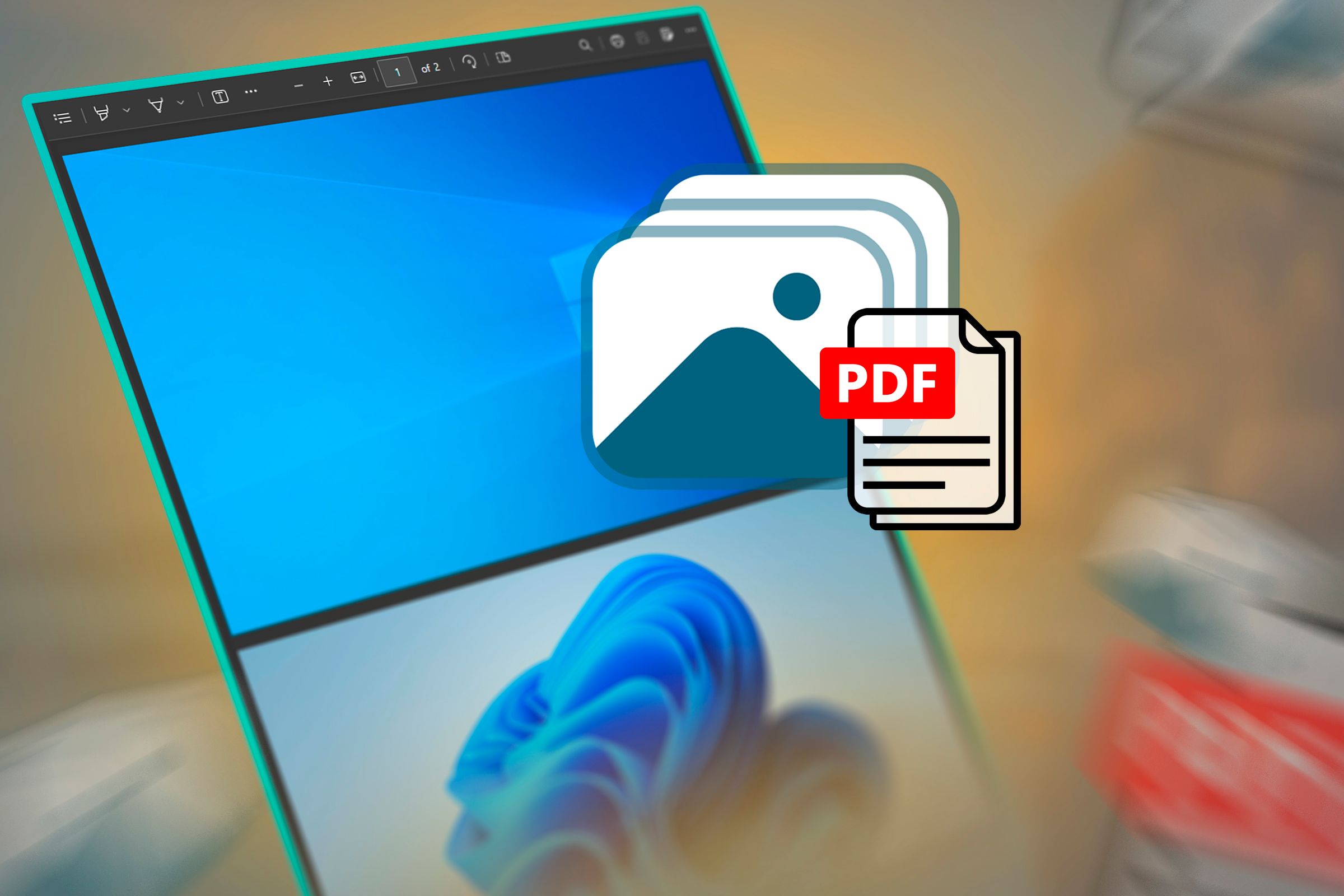 A PDF with Windows 10 and Windows 11 wallpaper along with an icon representing the combination of the images in PDF.