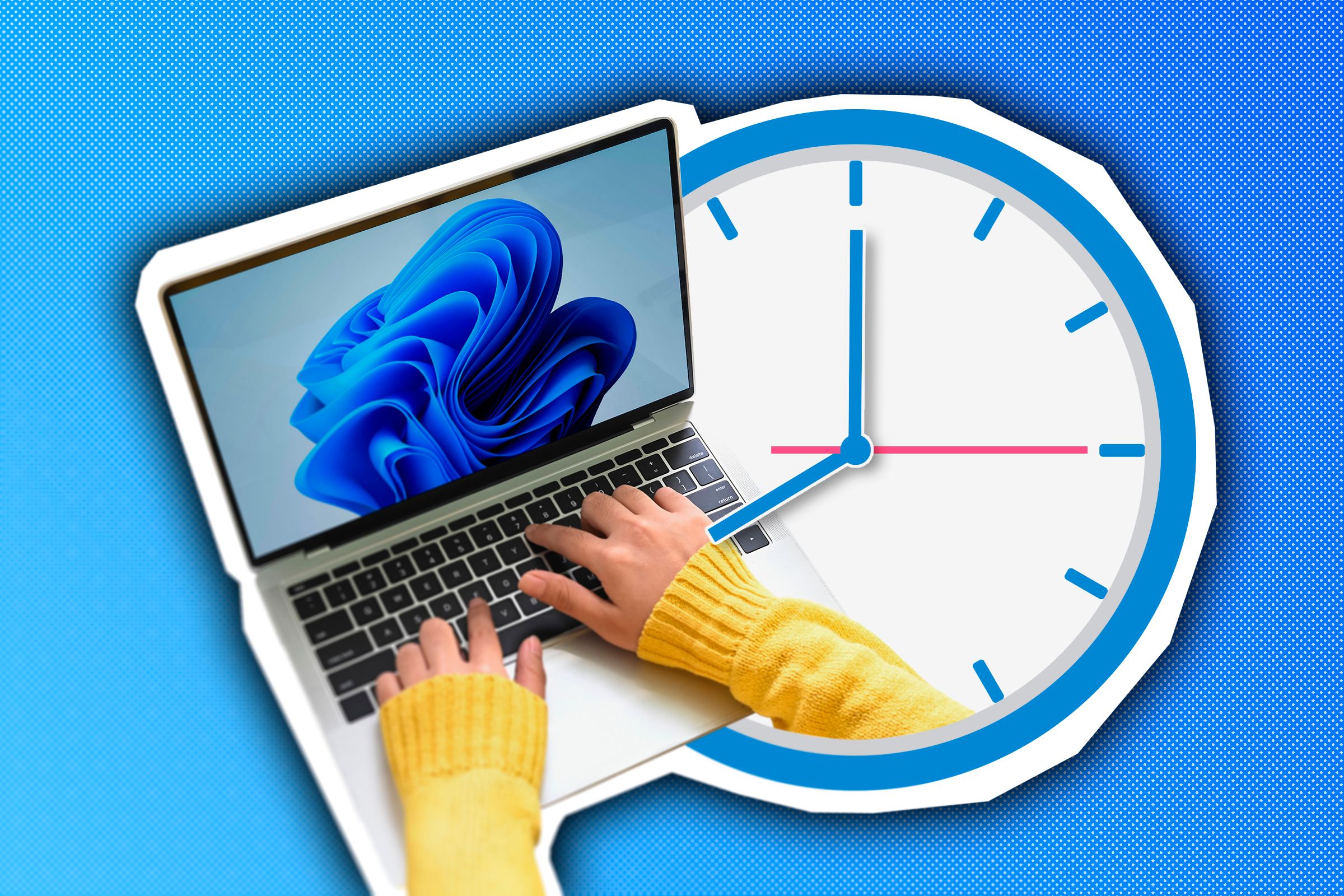 A person using a laptop with Windows 11 and a clock beside it.