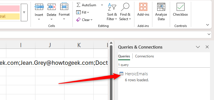 A query called HeroicEmails in the Queries And Connections Pane in Excel.