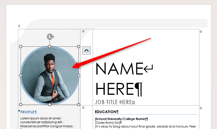 A resume template in Microsoft Word, with the candidate's image selected.